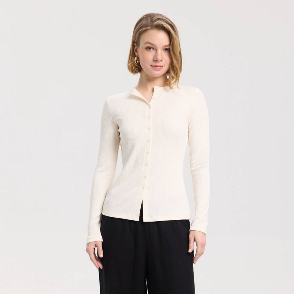 Women's Long Sleeve Ribbed Button-Front Cardigan Sweater - A New Day Cream XL